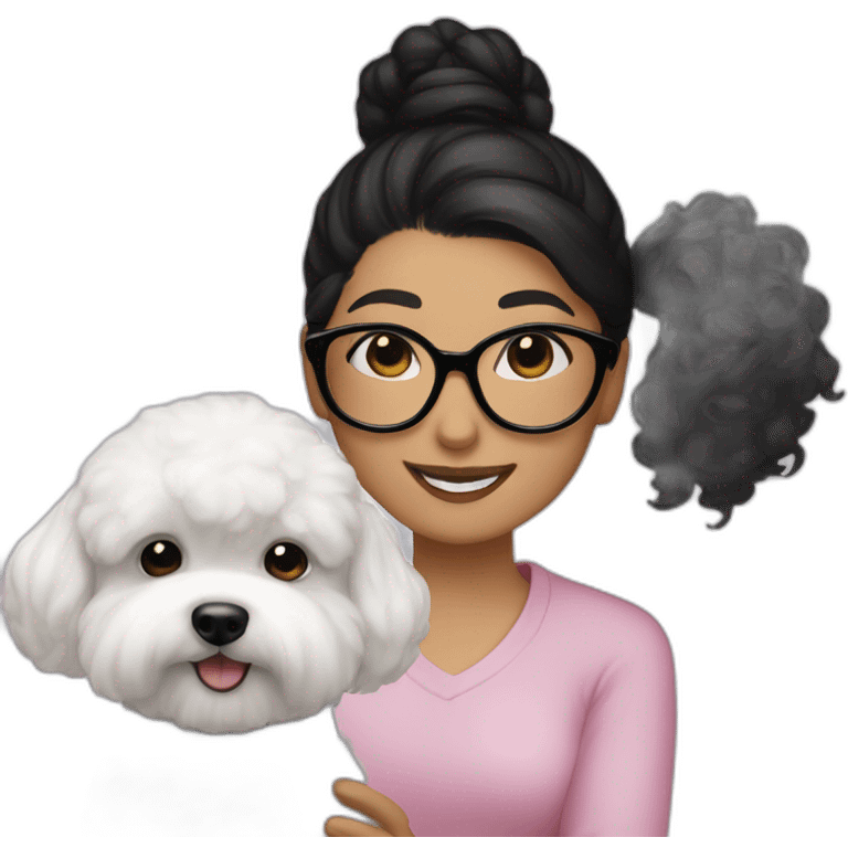 woman-black hair-bun-with glasses-with bichon dog-white-smile emoji