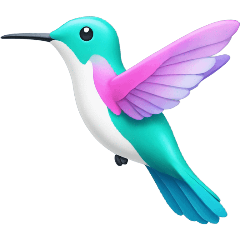 Blue white pink, teal green purple, flying hummingbird with a smile emoji