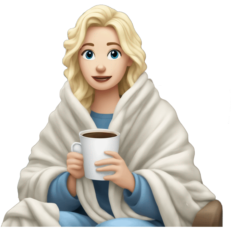 Blonde hair blue eyed white girl covered in blanket winter vibe sitting on a cozy chair holding coffee looking out a snowy window emoji