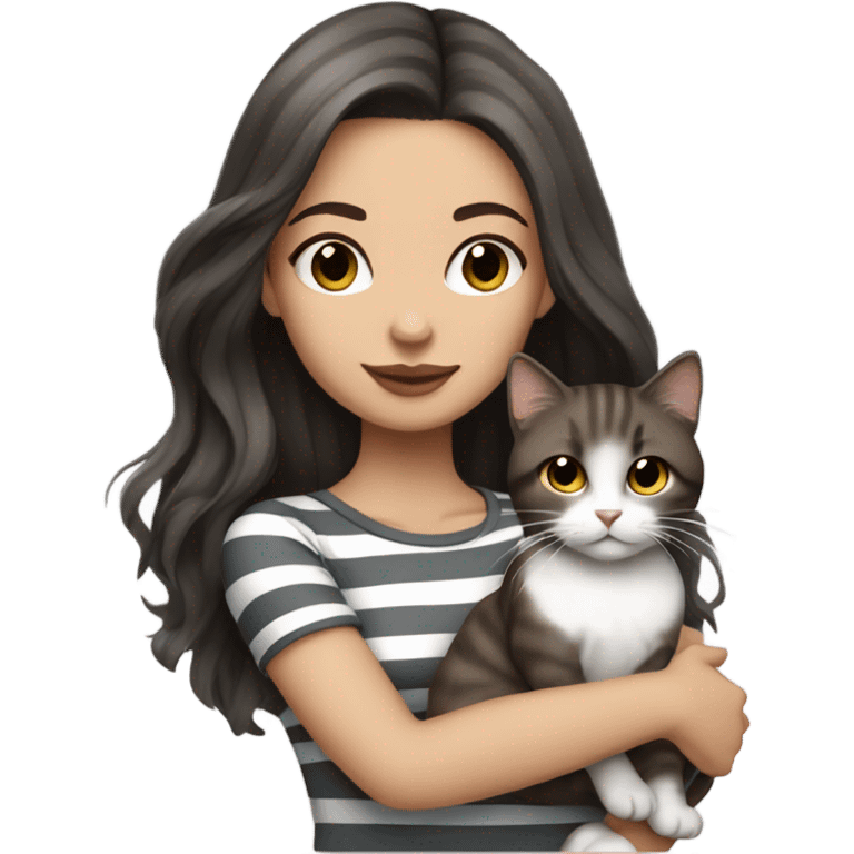 Beautiful dark brown haired tattooed woman holding gray and white striped long hair cat emoji