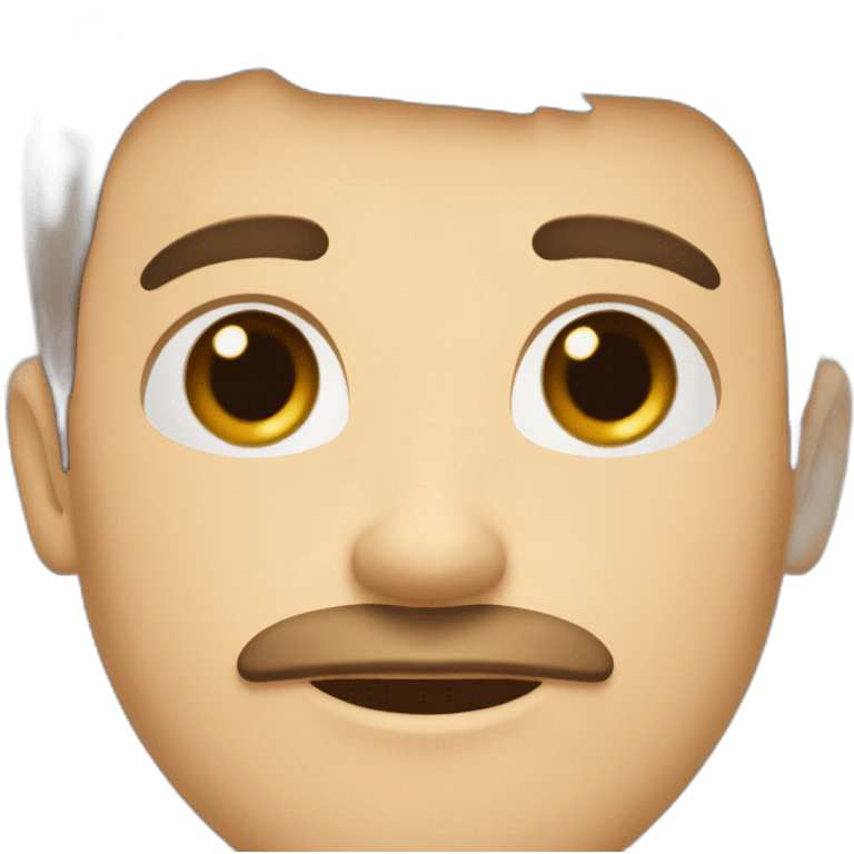 A young Caucasian man with dark brown eyes, almond-shaped eyes, short dark brown hair, and a small dark brown beard with a more prominent mustache. emoji