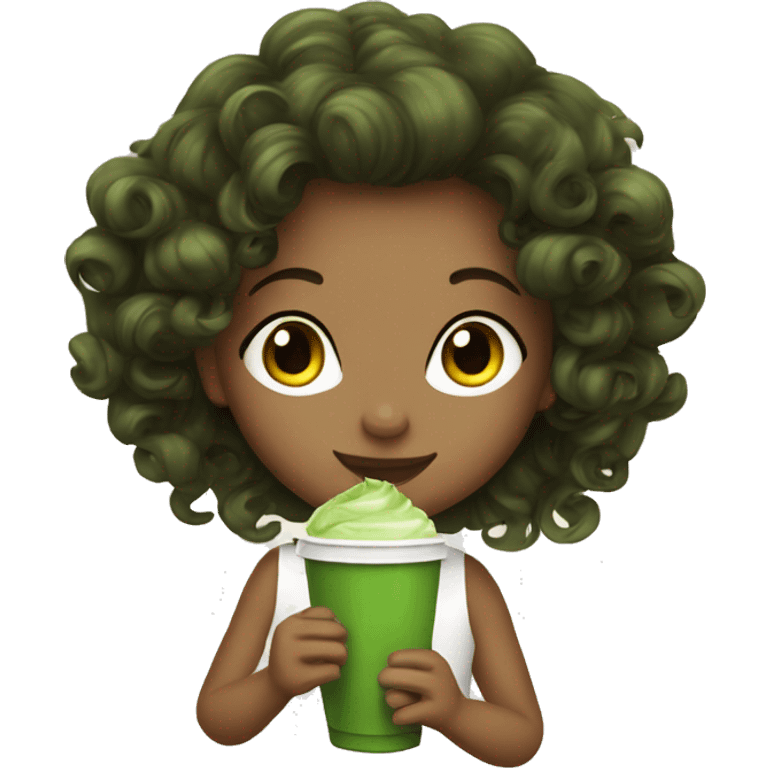 Girl with curls brunnette drinking matcha  emoji