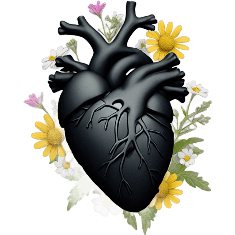 black anatomical heart with wildflowers emoji