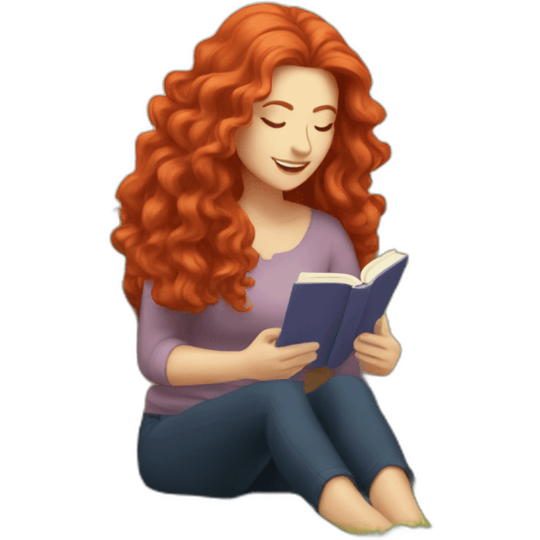 White woman with long curly red hair reading a book with a glass of wine in a park emoji