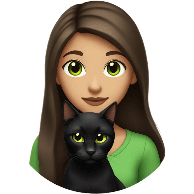 Girl with long brown hair and green eyes holding an all black cat emoji