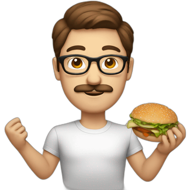 brown hair white guy with mustache wearing rounded glasses with meal in hands emoji