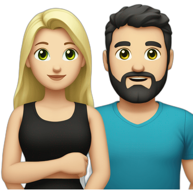 A blond chubby girl with blue eyes and black haired and bearded man with green eyes. The man wears a black t-shirt. The woman is wearing a black skirt and a blue shirt emoji