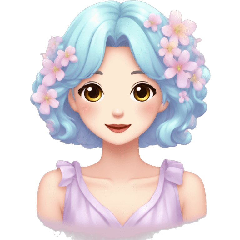 Gorgeous anime style lady blushing face dreamy idol model colorful shiny flowers kawaii pastelcore cottagecore pearly petite simplistic aesthetic trending style emoji