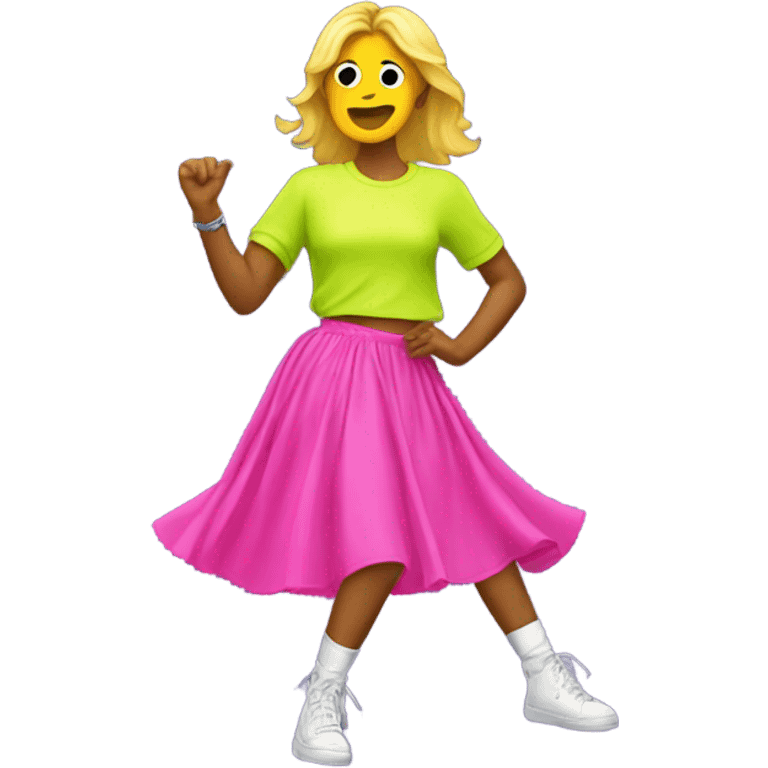 cad dancing on a dance floor wearing a 90s neon skirt and shirt emoji