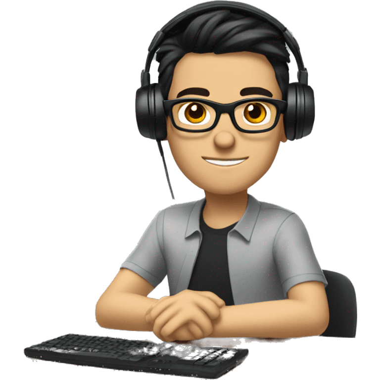 white boy with dark hair and glasses wearing gaming headset and sitting at desk on desktop computer   emoji