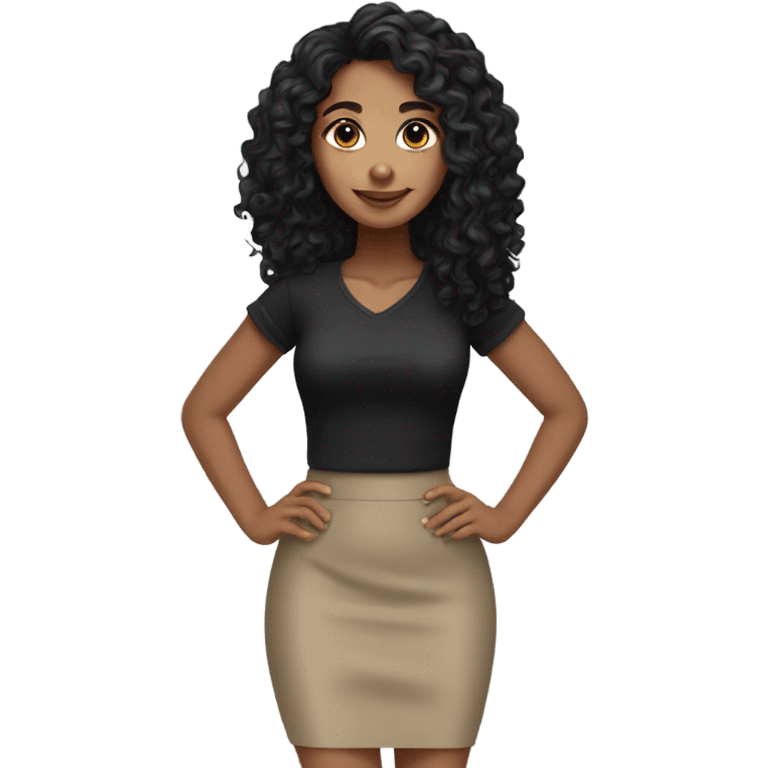 Tan girl with black long curly hair black pencil skirt full body emoji