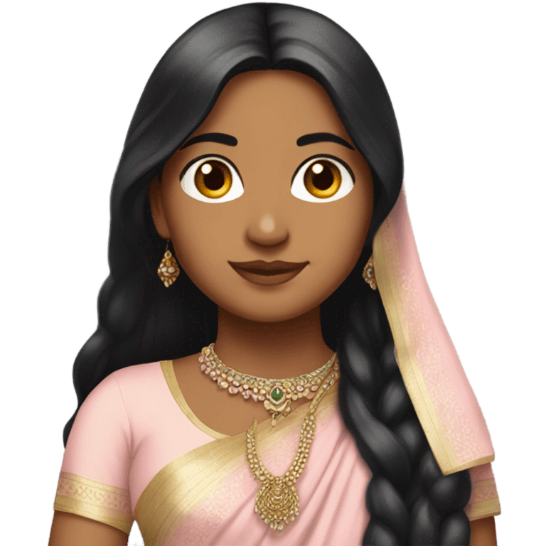 Indian girl with long black hair wearing a light pink saree emoji