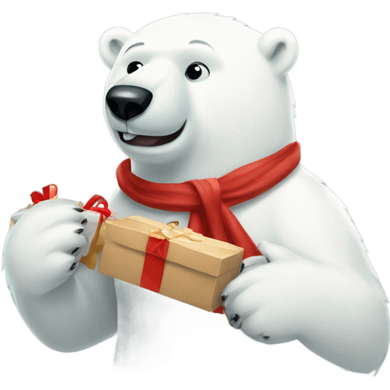 Polar bear in coke scarf wrapping a Christmas present  emoji