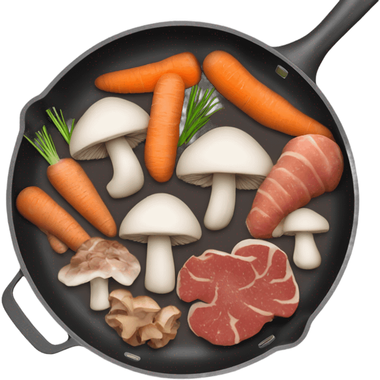 mushroom, carrots meat pieces   in pan in air emoji