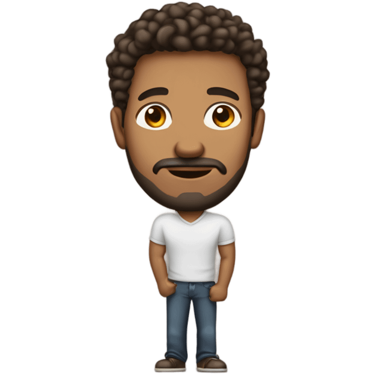 tall men holding his computer in hands. light brown skin men with curly dark brown hair, brown eyes, little grown beard. imposing, bit muscular build. dressed casual. emoji