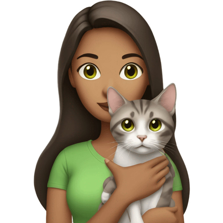 Brunette women with brown eyes holding tabby cat with green eyes emoji