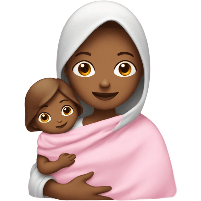 A white mother with a bob with brown hair holding a baby in a pink blanket  emoji