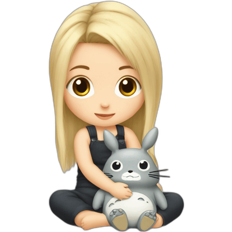 bébé fille blonde décoiffée assise avec une peluche Totoro  emoji