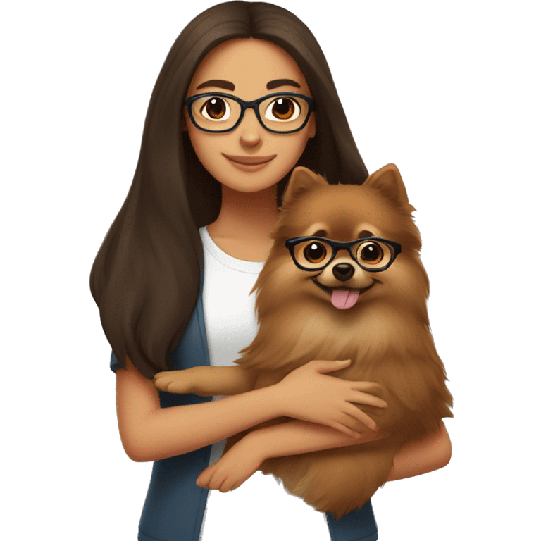 Hispanic girl with long Brown hair with glasses hugging  brown Pomeranian  emoji