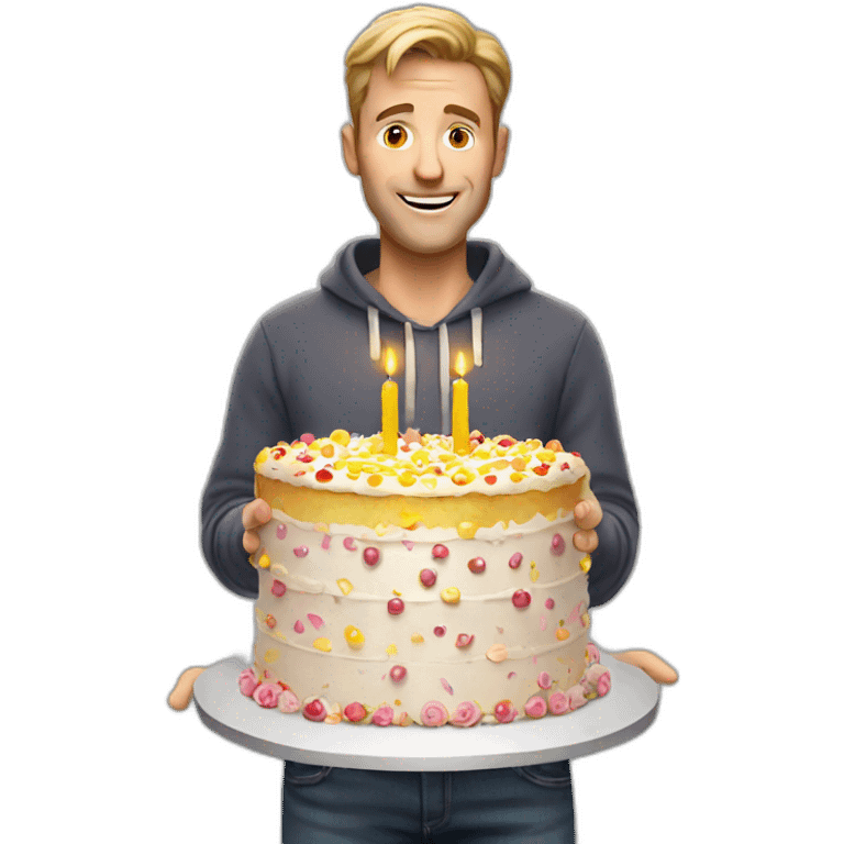 A White man offering a huge birthday cake emoji