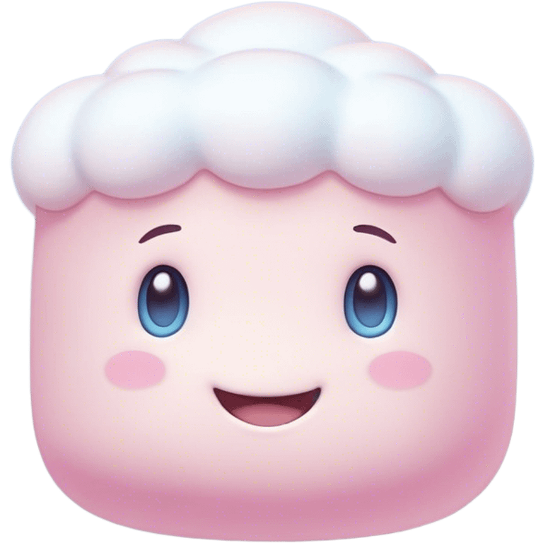 Cinematic fluffy pastel marshmallow character, soft round edges, tiny sparkly eyes, a small happy smile, glowing warmly, floating in a dreamy soft sky. emoji