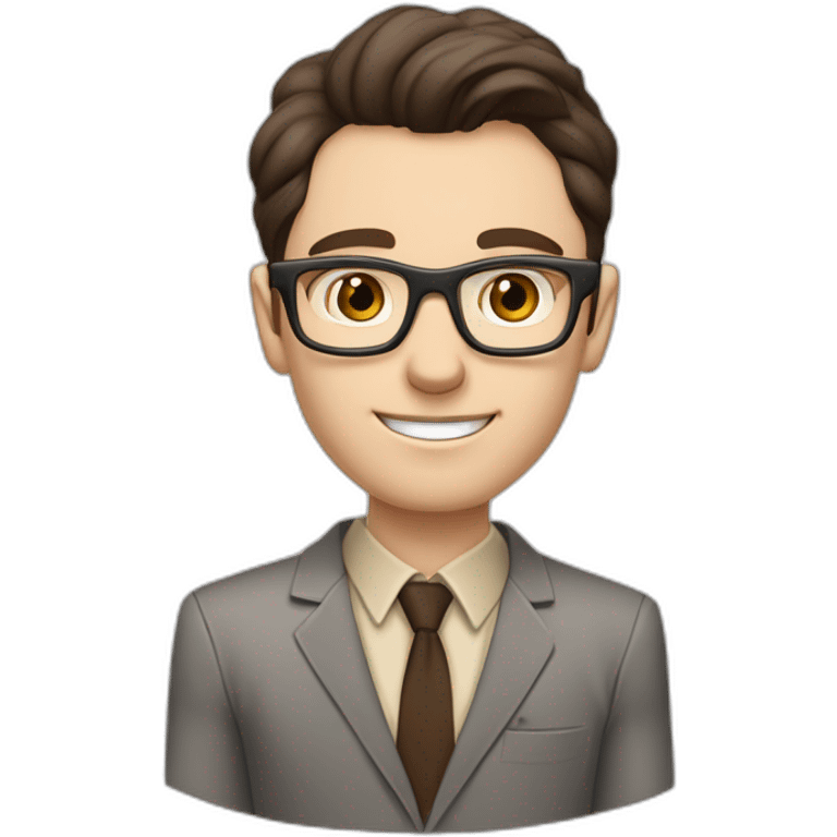 Pale skinned fit man with dark brown hair in gray jacket, beige office shirt, brown tie, brown pants and vintage glasses Writing text on a marker board emoji