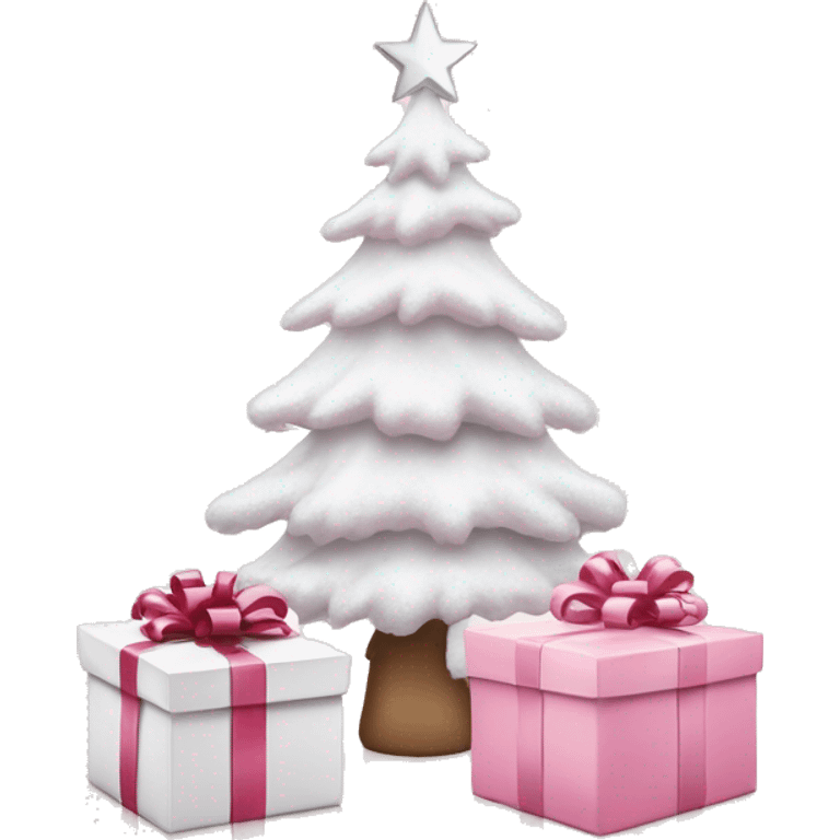 Light pink Christmas gifts under a white Christmas tree  emoji