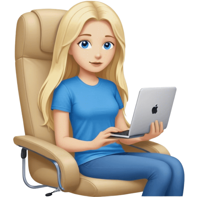 Cinematic realistic blonde with long hair, blue eyes, dressed in a T-shirt, sits in an easy chair with a computer on her lap, in a cozy atmosphere emoji