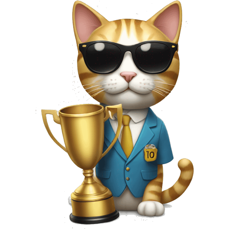 cat wearing sunglasses holding up a number ten trophy emoji