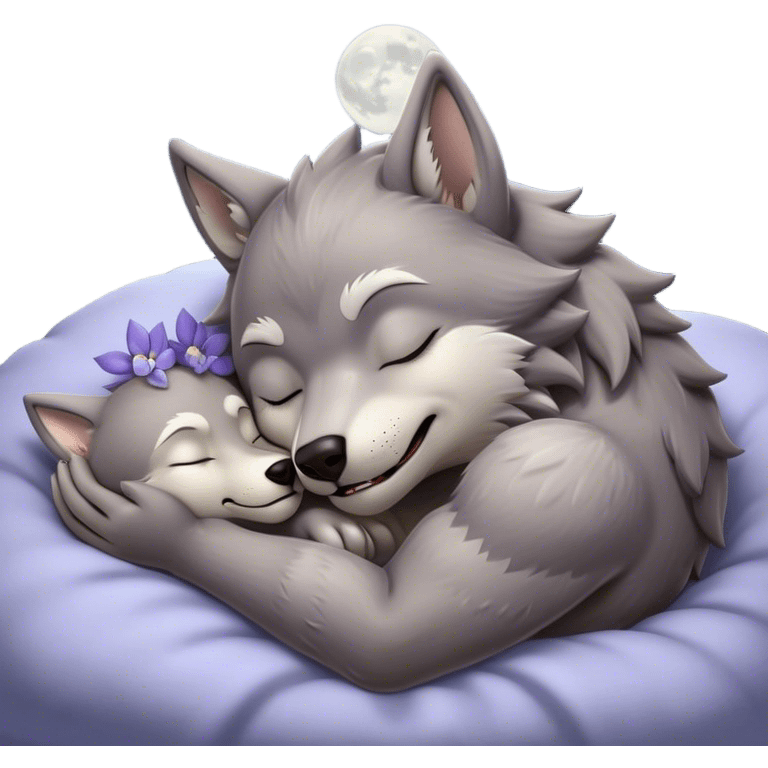 Meme-Worthy Cute Sleeping Werewolf Portrait Emoji, with a cuddly, miniature lupine form in soft moonlit grays and silvers, head resting peacefully with gently closed dreamy eyes and a small, content smile, simplified yet irresistibly endearing, highly detailed with a soft glowing outline that captures the cozy, sleepy essence of a werewolf after frolicking under the full moon! emoji