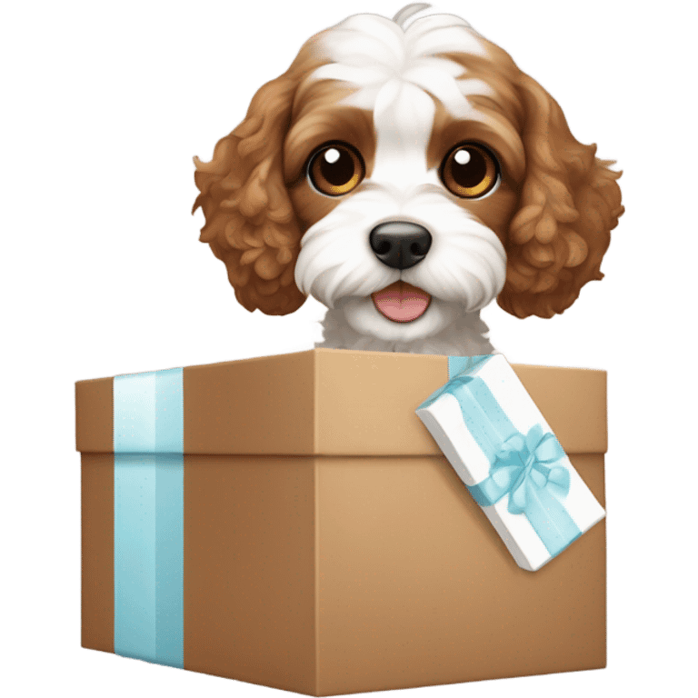 Brown and white cavapoo and gift box emoji