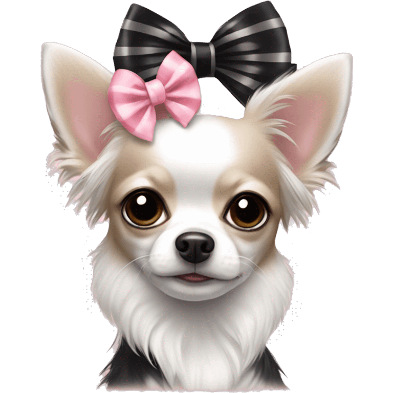 cute black with white long haired chihuahua with white stripe on forhead a cute pink bow emoji