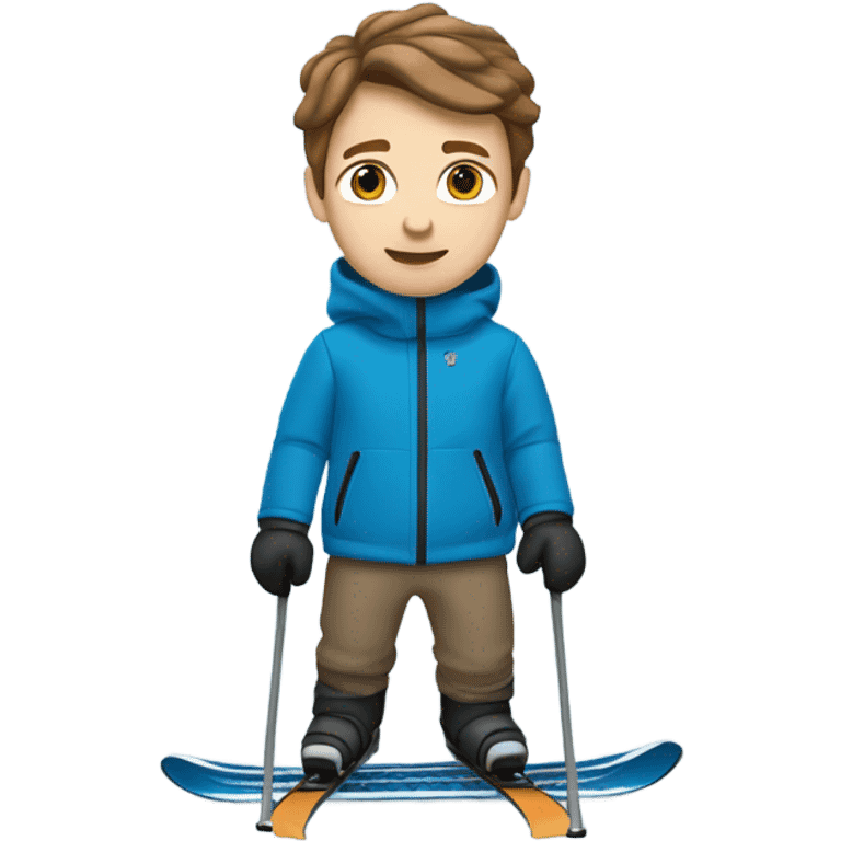 White boy with brown hair skiing on blue skis. Wearing a light gray coat. And a pair of black snow pants.  emoji