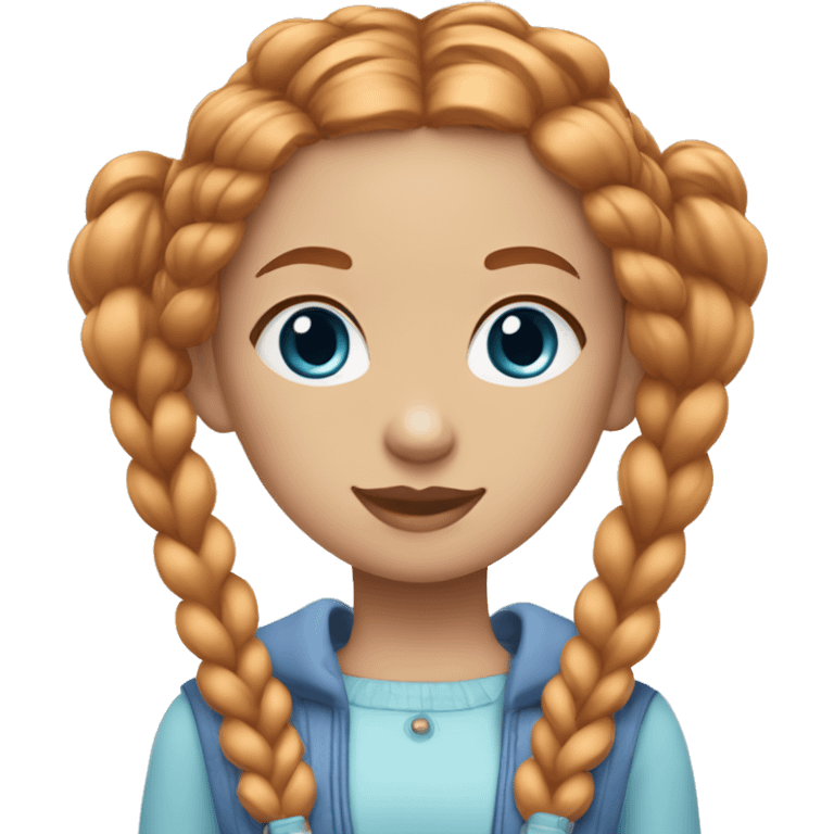 girl with reddish-blonde hair, blue eyes, and thick twin braids, wearing a cute outfit with pastel colors emoji