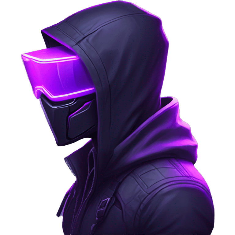 Side view developer behind his laptop with this style : crysis Cyberpunk Valorant neon glowing bright purple character purple violet black hooded assassin themed character emoji