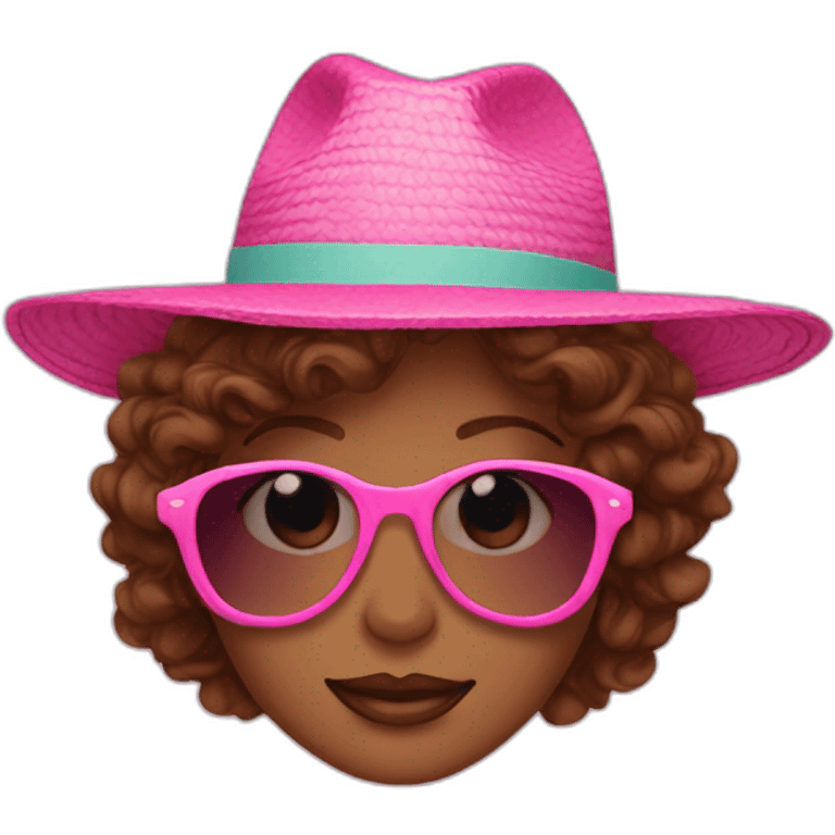 pink sunglasses on female head with wavy brown hair and a summer hat emoji