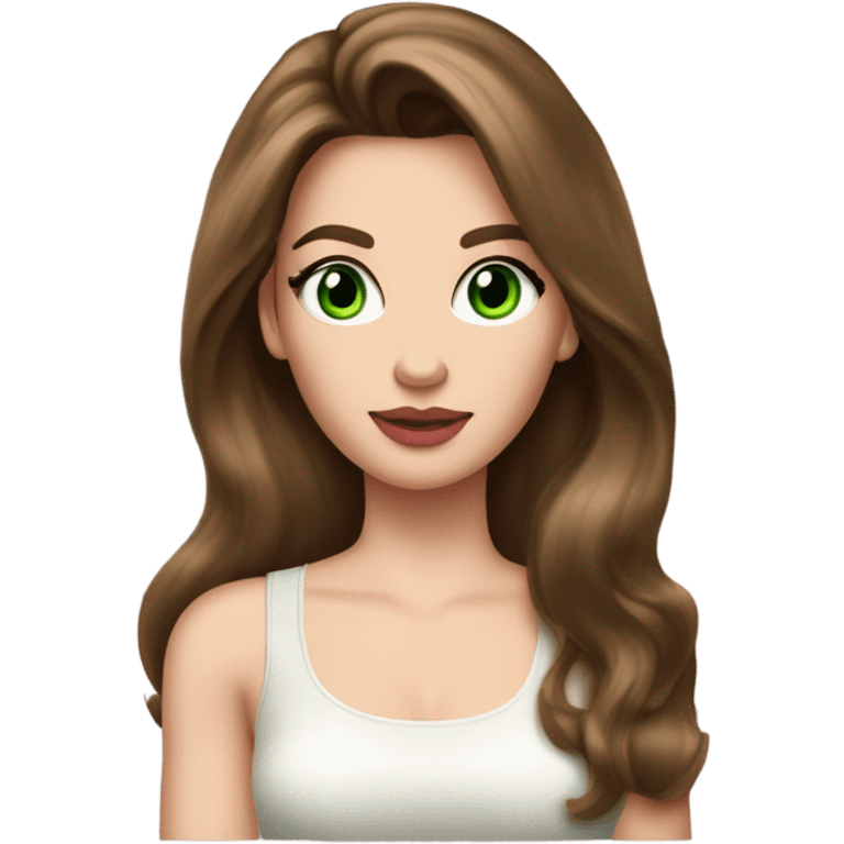 Gorgeous woman, with chestnut brown hair, her hair are a 90s voluminous very long blowout with curtain bangs, she has very green eyes and a white pale skin, she has pink lipstick on and long lashes, she wears a white tank top and  gold earrings emoji