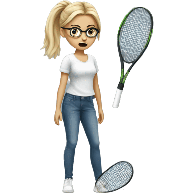 blond and very white tall german girl wearing jeans and normal clothes. She wear glasses and her hair with a bun.  She holds a tennis racket at hand and her face expression is scared emoji