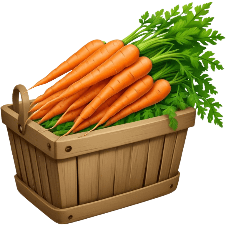 Cinematic vibrant orange carrot, crisp and fresh, slightly twisted with green leafy tops, arranged in a rustic wooden basket, natural and inviting. emoji