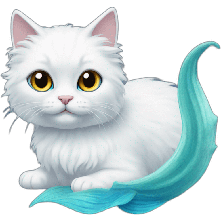 White fluffy cat with blue mermaid tail without legs emoji