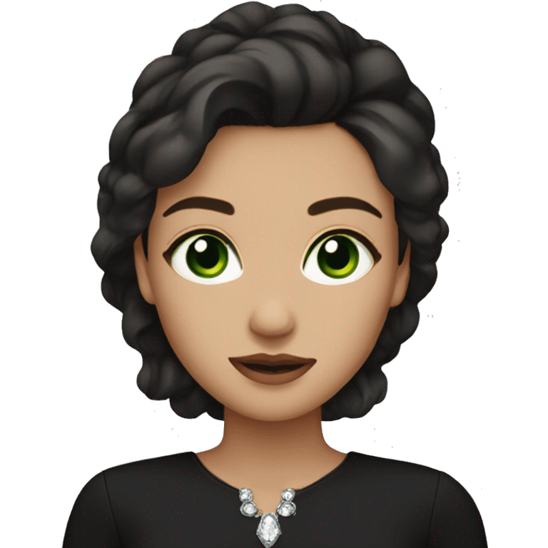 Medium complexion brunette with green eyes wearing a black blouse with crystals emoji