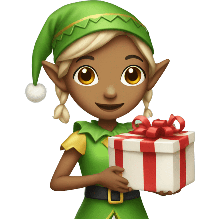 girl dressed as an elf holding a present emoji