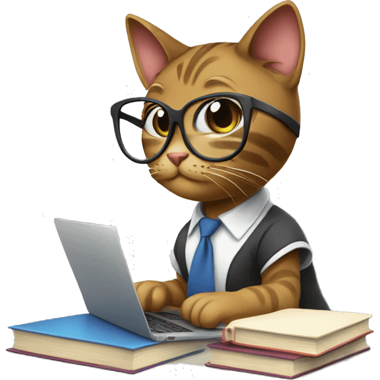 Female Cat studying, glasses, books, laptop emoji