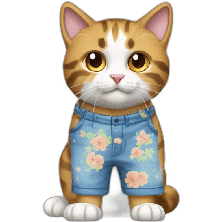 Purradise Meowscles is a buff calico cat  he has a mullet, a floral designed t shirt that is unbuttoned and blue and white stripped shorts emoji