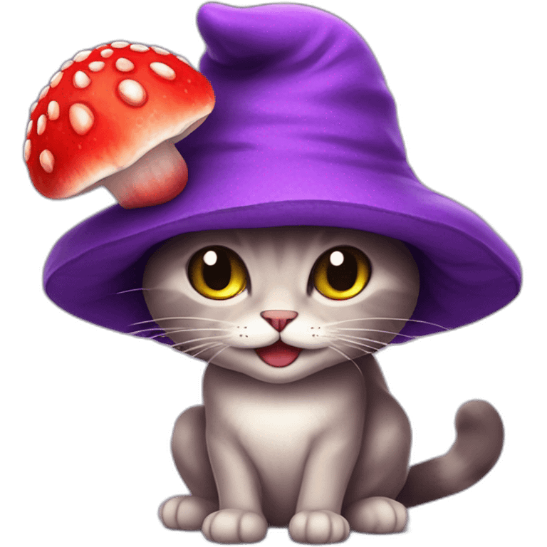 Purple cat in a fly agaric hat smiles evilly emoji