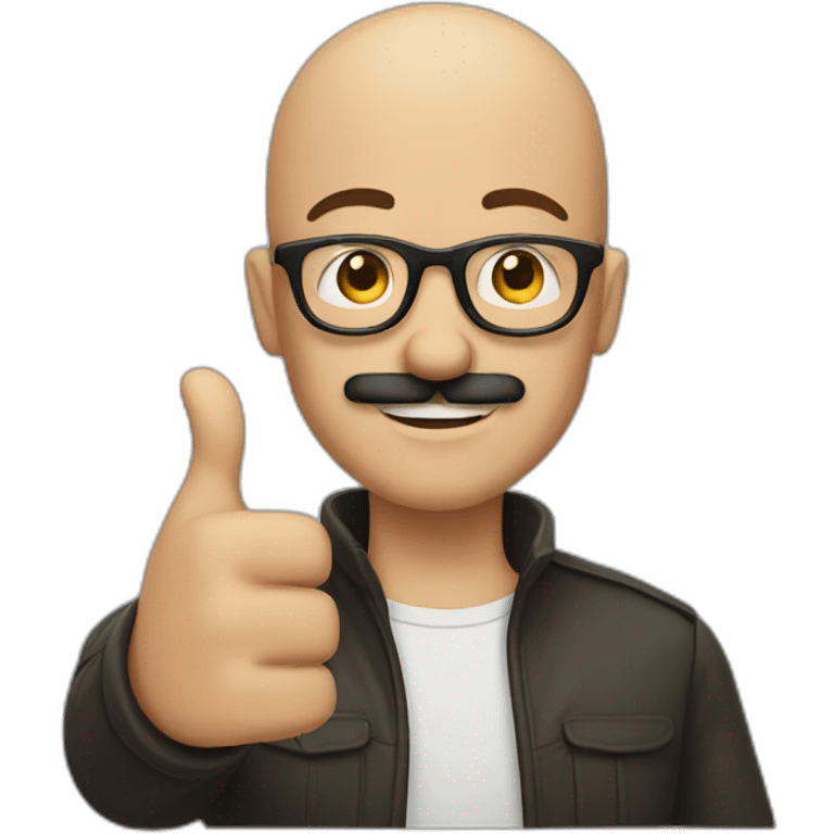 Bald young man with glasses and a mustasche doing thumbs up emoji