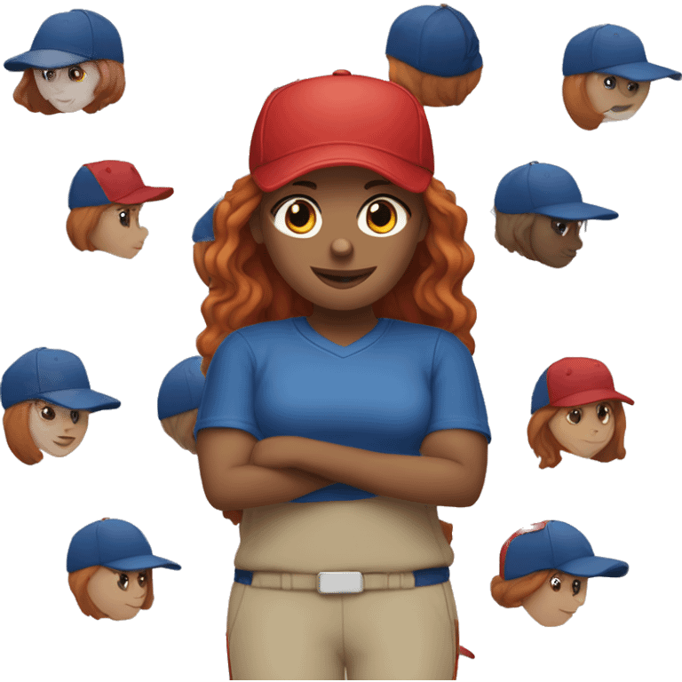 white female coach with red long hair in blue simple t-shirt and with a simple blue baseball hat emoji