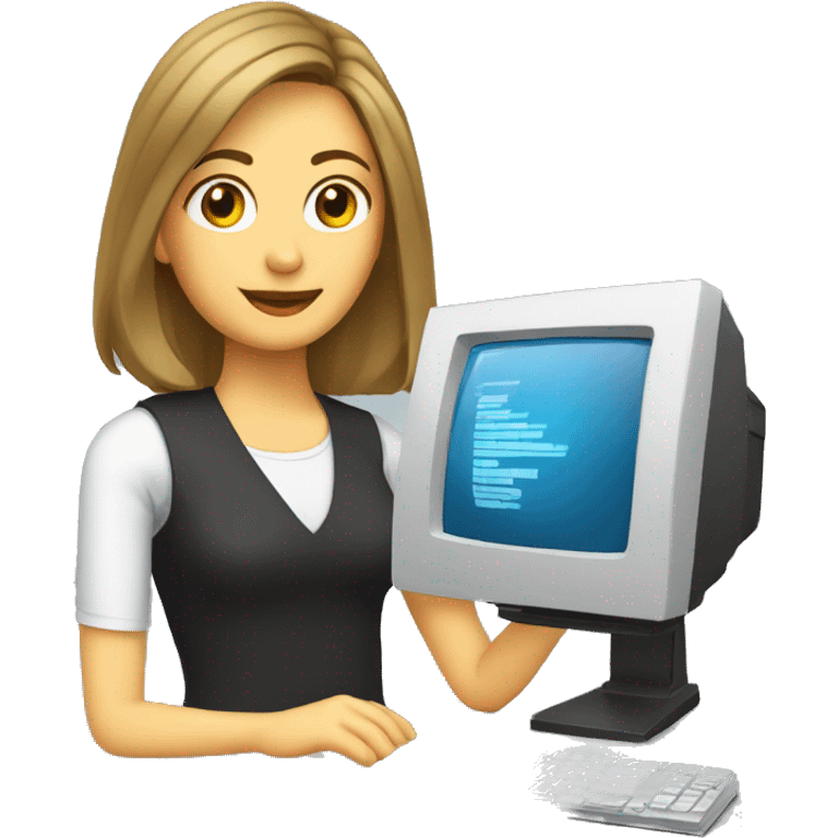 woman with dark blonde shoulder length hair holding a computer with Powerpoint on the screen of the computer emoji