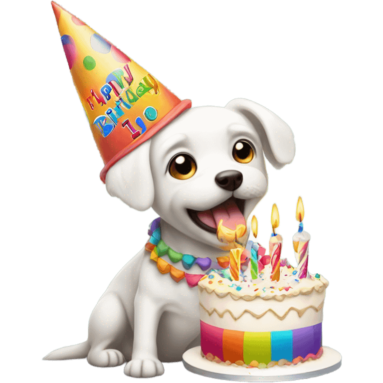 White male small dog wearing birthday hat with a cake  emoji