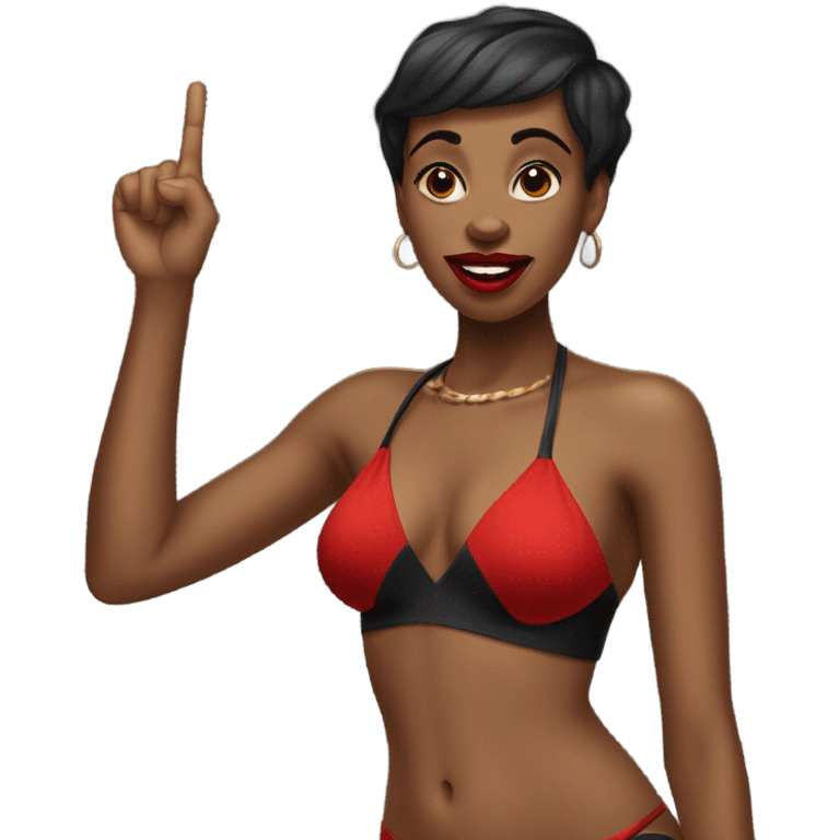 Slim vuluotuod Black woman with short hair and red lipstick in a bikini wagging her finger while saying no emoji